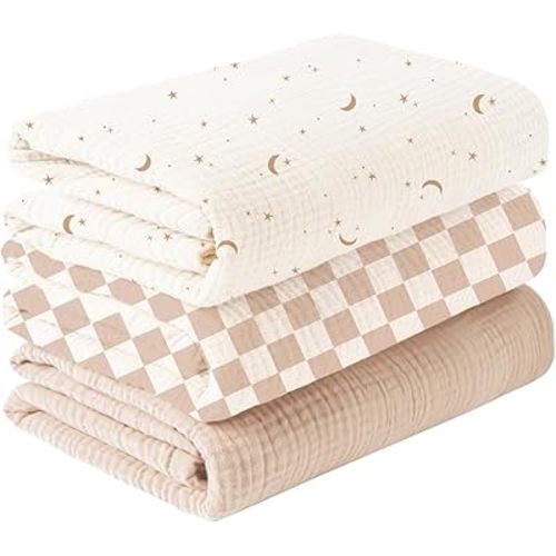 Konssy 3 Pack Muslin Swaddle Blankets for Unisex, Newborn Receiving Blanket, Large 47 x 47 inches, Soft Breathable Muslin Baby Swaddles for Boys & Girls