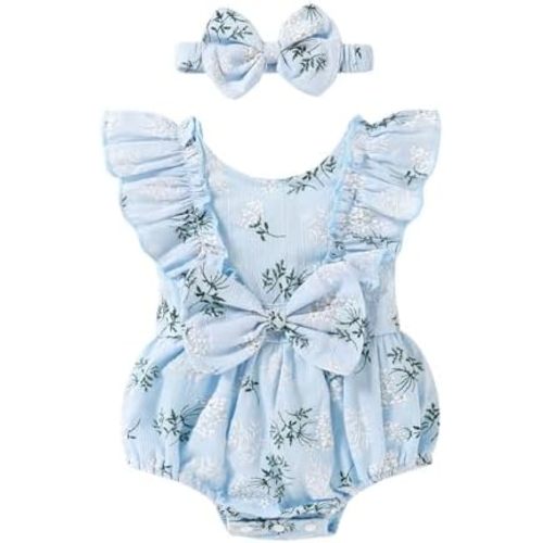 YOUNGER TREE Newborn Baby Girl Clothes Ruffle Sleeve Rompers Infant Backless Floral Jumpsuit Summer Outfits with Headband