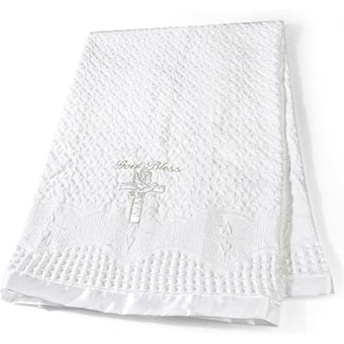 Baby Blanket for Boys Girls God Bless Baptism Christening Shawl White Soft Knit Receiving Swaddle Newborn Unisex Summer Autumn Winter Nursing Cover