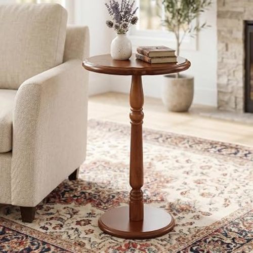 Round Side Table, Small Drink End Table for Small Spaces, Accent Nightstand, Mid-Century Modern, Solid Wood Leg, Sofa Pedestal Table, Elegant Sculpted Design, Tool-Free Assembly, Brown