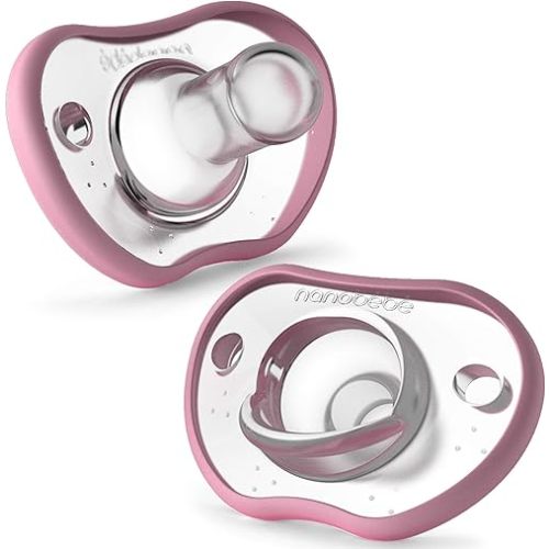 Nanobebe Baby Pacifiers 0-3 Month - Orthodontic, Curves Comfortably with Face Contour, Award Winning for Breastfeeding Babies, 100% Silicone - BPA Free. Perfect Baby Registry Gift 2pk,Pink