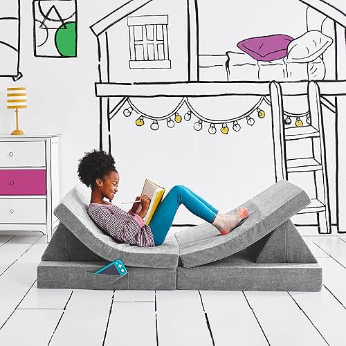 Yourigami Kids and Toddler Play Couch, Convertible Folding Sofa, Durable Foam Modular Design, Mountain Gray