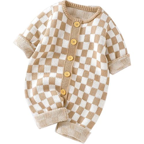 Unisex Baby Girl Boy Knitted Romper Jumpsuit Checkerboard Plaid One Piece Button Down Sweater Playsuit Clothes - Camel - 0-3 Months