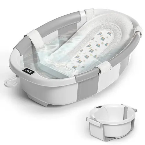 Collapsible Baby Bathtub for Newborn to Toddler 0-36 Months,Spacious Foldable Infant Bath Tub with Thermometer,Cushion & Drain Hole,Portable Travel Tub, Baby Shower Gift Grey