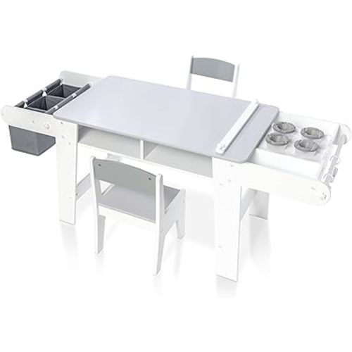 Milliard Kids Art Table Set with Chairs for Playroom, Toddler Craft and Play Wood Activity Table with Storage Bins and Paper Roll (Grey and White)
