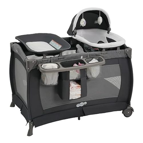 Pamo Babe Pack and Play 4-in-1 Baby Playard with Bassinet & Changing Table, Foldable Portable Playpen with Mattress, Travel Crib for Newborn to Toddler 0-36M-Black