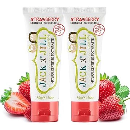 Jack N' Jill Natural Toothpaste for Baby and Infants - Fluoride Free Training Toothpaste, 40% Xylitol, BPA Free - Strawberry, 1.76 oz (Pack of 2)