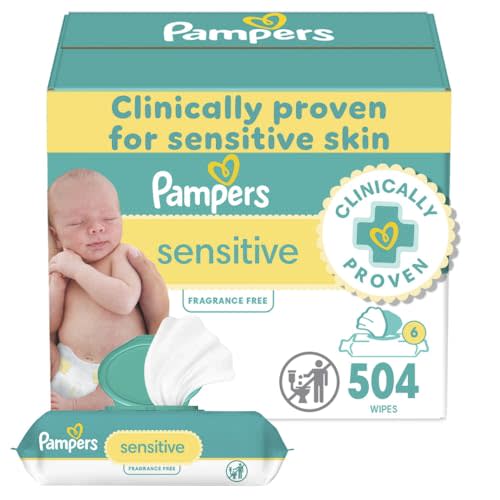 Pampers Baby Wipes Sensitive, Water Based Hypoallergenic and Unscented 504 Total (6 Flip-Top Packs)