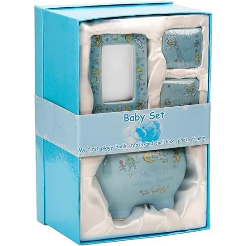 My First Piggy Bank Gift Set for Baby Boy - 4 Pcs Keepsake Gift Set Includes Piggy Bank, First Curl, First Tooth and Photo Frame - Blue