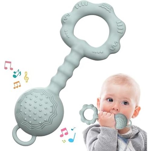 Teethers for Babies 0-6 Months, Rattles for Babies 6-12 Months, 2-in-1 Rattle and Teether Toy for Soothing Sore Gums and Keeps Little Ones Entertained, Food Grade Silicone, Gray