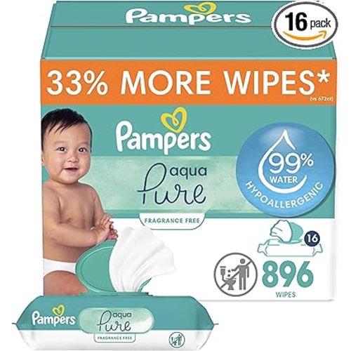 Pampers Baby Wipes Aqua Pure, 99% water-based wipes, Hypoallergenic and Unscented Infant Wipe, 896 Total (16 Flip-Top Packs)
