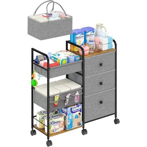 2In1 Baby Diaper Caddy Organizer and Storage, 3 Tier Rolling Cart with Dividers and Drawers, Mobile Utility Cart Baby Dresser Clothes Organizer for Changing Table, Crib Nursery, Bedroom, Grey