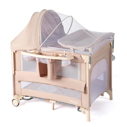 JOYMOR 9 in 1 Bedside Bassinet with Changing Table, Pack and Play with Bassinet, Convert to Rocking Baby Bed with Electric Music Center, Mosquito Net, Storage, Beige