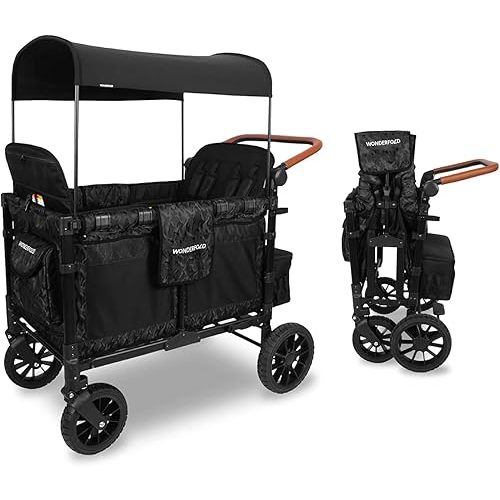 WONDERFOLD W4 Luxe Stroller Wagon (4 Seater) - Collapsible Wagon Stroller with Seats with Magnetic Buckle 5-Point Harnesses & Sun Canopy, Elite Black Camo