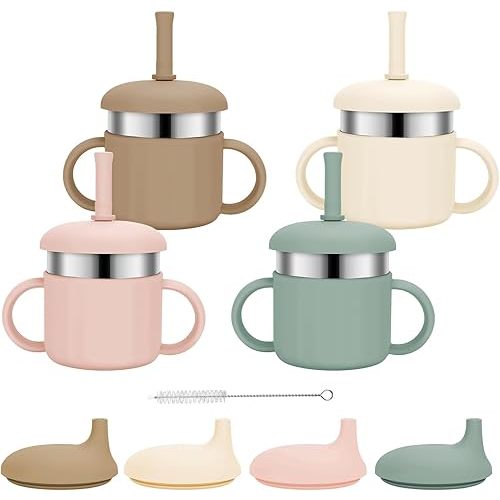 Baby Sippy Cups, 7.4 Oz Baby Cups, 3 Stages Training Cup, Straw Cup for Infants Toddlers 6-12 Month and Kids 1-3 Year, Stainless Steel Kid Cups with Silicone Straws, 4 Colors