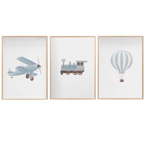 Blue Hot Air Balloon Plane Train Prints Wall Art Decor Vintage Travel Boy Nursery Wall Art Watercolor Toddler Art Blue Hot Air Balloon Plane Train Prints Bedroom Home Decor Nursery No Frame 12x16inch