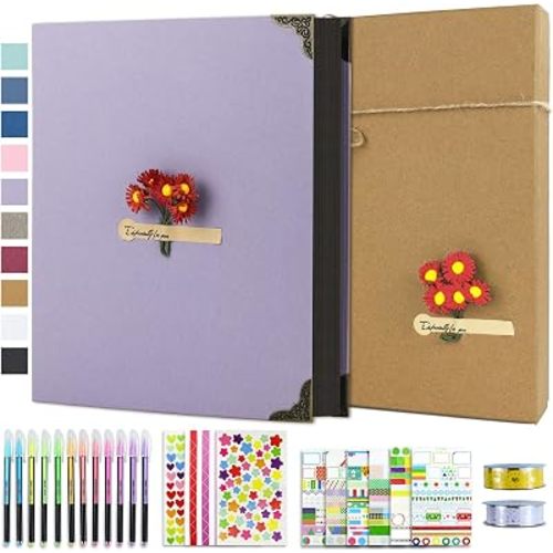 Vienrose DIY Scrapbook Photo Album Kit with Stickers, Pens, Tapes, 60 Pages Hardcover Memory Book, 8.5x11 Inch 3 Ring Binder with Black Pages, Guest Book Gift for Wedding, Travel & Anniversary Purple