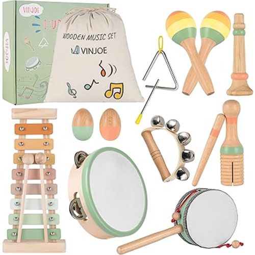 VINJOE Baby Musical Instruments-Toddler Montessori Wooden Musical Toys for Kids 1-3, Neutral Colors Percussion Instruments Set Early Learning Musical Toys for Preschool Educational Birthday Gifts 3+