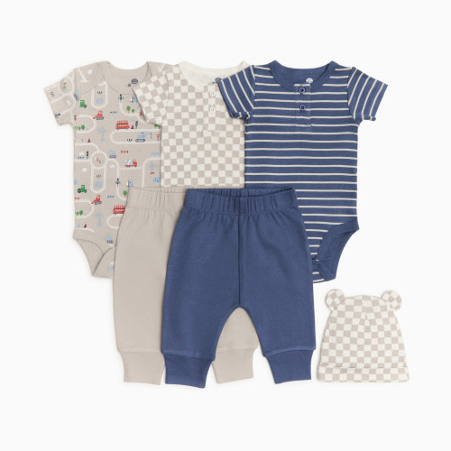 Small Story Organic Cotton Bodysuit, Pant & Hat Set (6 Piece) - Construction, Stripe, Check, 3-6 M