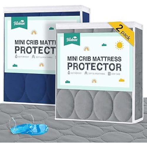 Mini Crib Mattress Protector Sheets Waterproof 2 Pack, Quilted Pack and Play Mattress Pad Cover Fits for Baby Mini Crib/Playen/Pack and Play Mattress, Grey & Navy, 38"x24"