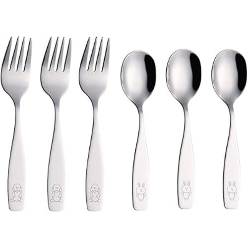 ANNOVA Kids Silverware 6 Pieces Children's Safe Flatware Set Stainless Steel - 3 x Forks, 3 x Children Dinner Spoons, Toddler Utensils, Metal Cutlery Set for LunchBox (Engraved Dog Bunny)