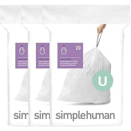 simplehuman Code U 60 Count, Genuine Custom Fit Liners, Drawstring Trash Bags in Dispenser Packs, 55 Liter / 14.5 Gallon, White