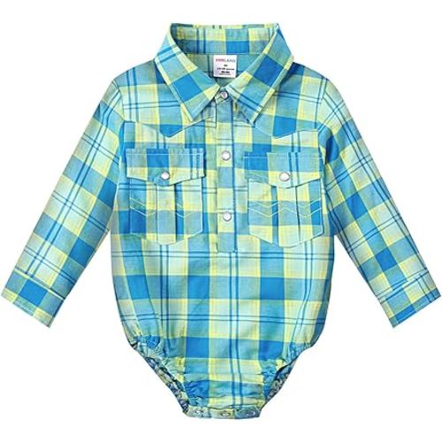 COSLAND Baby Boys' Western Cotton Plaid Bodysuit, Infant Cowboy Jumpsuit, 0-18 Months