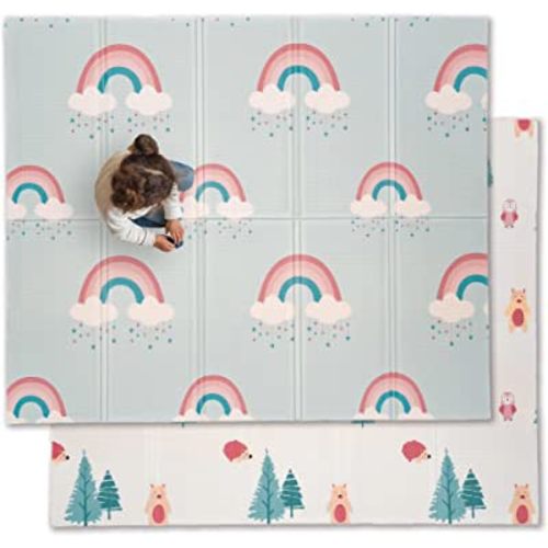 JumpOff Jo Baby Play Mat - Large Folding Foam Play Mat for Infants, Babies, Toddlers, Waterproof, Double-Sided (70" x 59") - Woodland Rainbow