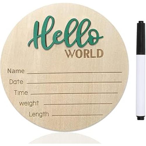Baby Announcement Sign, 5.9 Inch Wooden Hello World Newborn Signs, Birth Announcement Sign, Baby Shower Hospital Nursery for Newborn Boys and Girls (Green,Pen)