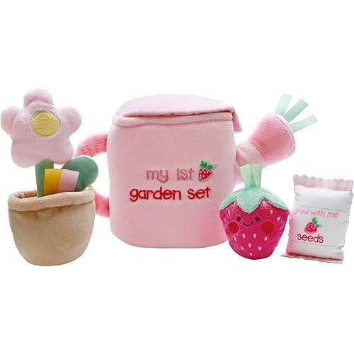 4 Piece Plush My First Garden Play Set with Sensory Toys for Baby, Pink, 6 inch