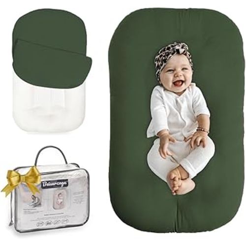 Baby Lounger for Newborn - Snuggle Cozy Me Lounger | Breathable Soft Cotton, 0-24 Months Portable Playtime Baby Nest, Newborn Baby Essentials Gifts- Moss (1 Lounger + 1 Cover)