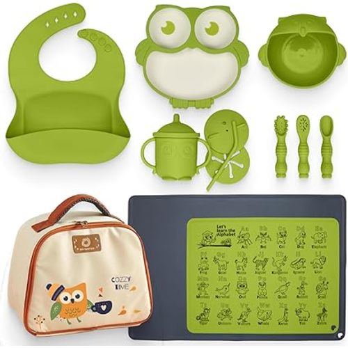 GIVWATER Owl-themed Baby Led Weaning Supplies | 16 Item Silicone Baby Feeding Set, ABC Animal Printed and Extra Large Silicone Placemats, Reusable Travel Cooler Bag for blw supplies for baby 6M+
