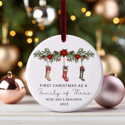 Family of Three Christmas Ornament 2024, Family of 3, Family Ornament, Personalized Baby's First Christmas Ornament, Bauble Tree Decoration