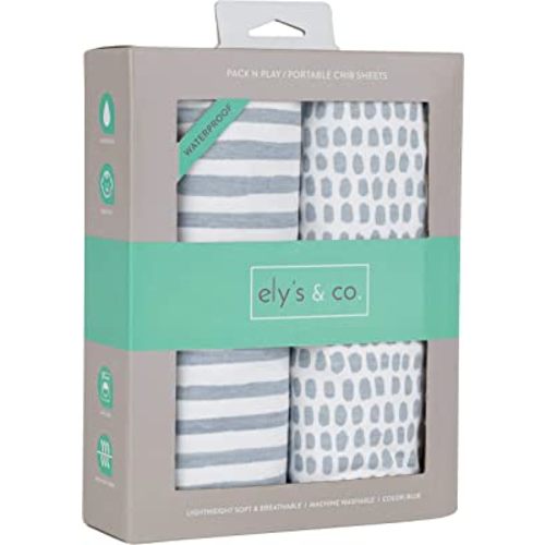 Ely’s & Co. Patent Pending Waterproof Pack N Play, Mini Crib Sheet 2-Pack Set for Baby Boy - 100% Cotton, Jersey Knit Cotton Sheets with Waterproof Lining — Misty Blue, Stripes and Splashes