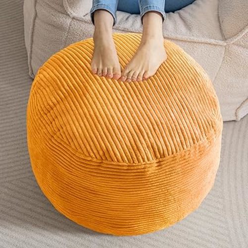 HIGOGOGO Round Stuffed Pouf Ottoman, Corduroy Poufs with Foam Chunk Filling, Furry and Fluffy Pouf Foot Stool Storage Ottoman, 20 X 15 Floor Poufs Foot Rest for Living Room, Orange
