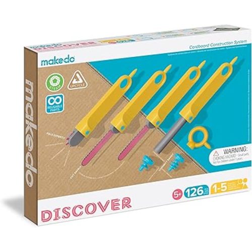 Makedo Discover | 126 Piece Cardboard Construction Toolbox for 1-5 Makers | STEM and STEAM Educational Toys for Kids | at Home Play + Classroom Learning | Reusable Tools for Boys and Girls Age 5+