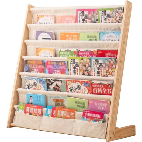 Kids Wood & Canvas Book Storage Shelf Display Bookshelf 6 Tier, Natural (29.52" L x 11.81" W x 31.10" H)