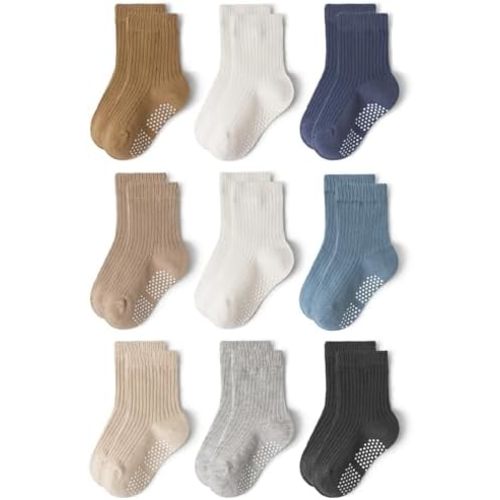 9 Pairs Toddler Non Slip Cotton Crew Socks with Anti-slip Dots for Infant Baby Boys Girls