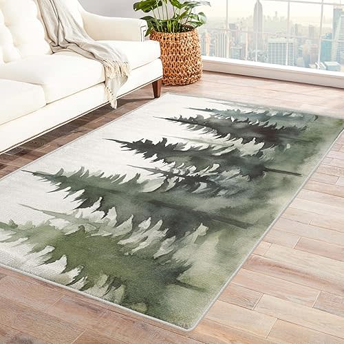 2x3 ft, Washable Pine Tree Area Rug - Woodland Throw Rugs for Entryway Bedroom Entrance, Indoor Mat, Scenic Nature Carpet & Home Decor