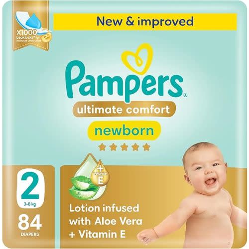 AED 45 (NOT 45 USD) Pampers Ultimate Comfort Taped Diapers, Size 2, 3-8kg, Lotion infused with Aloe Vera and Vitamin E, x1000 Leak Locks Technology for Leakage Protection, Mega Pack, 84 Count : Amazon.ae
