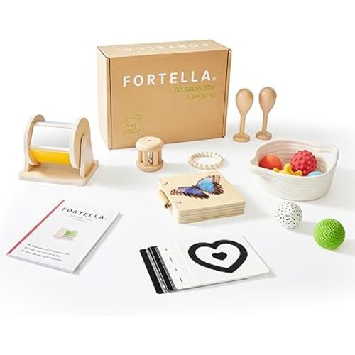 Montessori Baby Toy Kit for Newborn Babies 0-6 Months, Infant Play Set,Wooden Learning Toddler Toys with Sensory Balls, Spinning Drum, Teether Ring, Contrast Cards, Maracas and Wooden Book