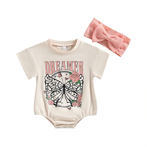 Cute Infant Baby Girl Summer Bodysuit with Headband Set, Butterfly Letters Print Romper One Piece Outfit