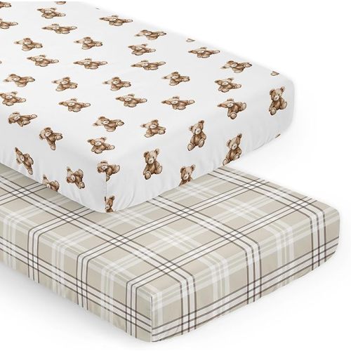 Sweet Jojo Designs 2-Piece Baby Crib Sheets Set (Boho Teddy Bear) for Boys or Girls, Infant Nursery, Toddler Room - Fitted, Standard Size (Taupe Plaid & Brown Watercolor, Classic, Wholesome Aesthetic)