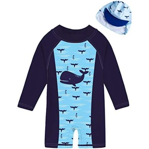uideazone Baby Boys One Piece Swimsuit Long Sleeve UPF 50+ Rash Guard Bathing Suit Swimwear with Sun Hat 0-24 Months