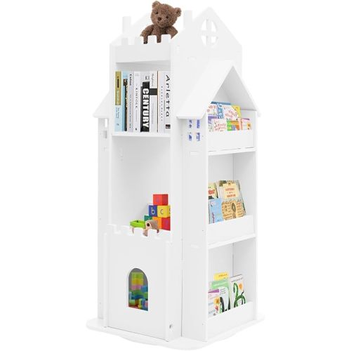 Rotating Bookshelf, Children's Bookcase 360° Revolving Floor Standing Shelves Rotating Bookshelf Kids Castle Bookshelves Tower Spinning Bookcase for Bedroom Living Room (White) (White)