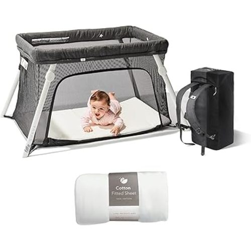 Guava Lotus Travel Crib Bundle with Cotton Sheet & Mattress | Play Yard with Lightweight Backpack Design | Certified Baby Safe Portable Crib | Folding Portable Playpen for Babies & Toddlers