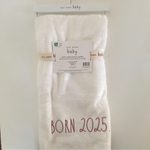 NEW RAE DUNN Baby Blanket “Born 2025” White Plush Embroidered