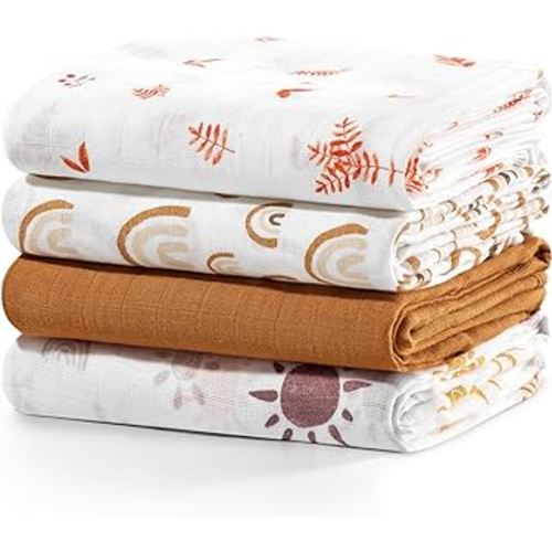 Muslin Swaddle Blankets for Newborns Soft Bamboo Cotton Baby Swaddle Blankets Unisex for Boys & Girls Nursery, Lightweight, Breathable, Rainbow 47 x 47 inches-4 Pack
