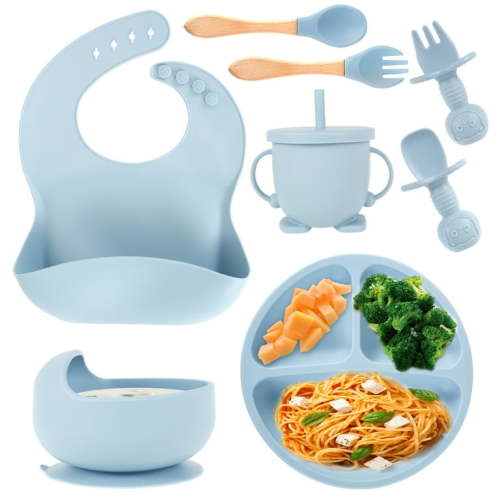 Tcwhniev Baby Feeding Set,Silicone Baby Feeding Set, for Toddler Includes 1×Silicone Bib,1×Silicone Bowl,1×Divided Plate with Suction, 1×Silicone Sippy Cup,1×Silicone Straw, 1×Silicone Snack Cup