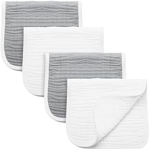 Synrroe Burp Cloths Large, Muslin Burp Cloths for Baby Girls and Boys, Pack of 4 Extra Absorbent and Soft Muslin, 6 Layers 20 by 10 Inches 100% Cotton (Grey-White 4 Pack)